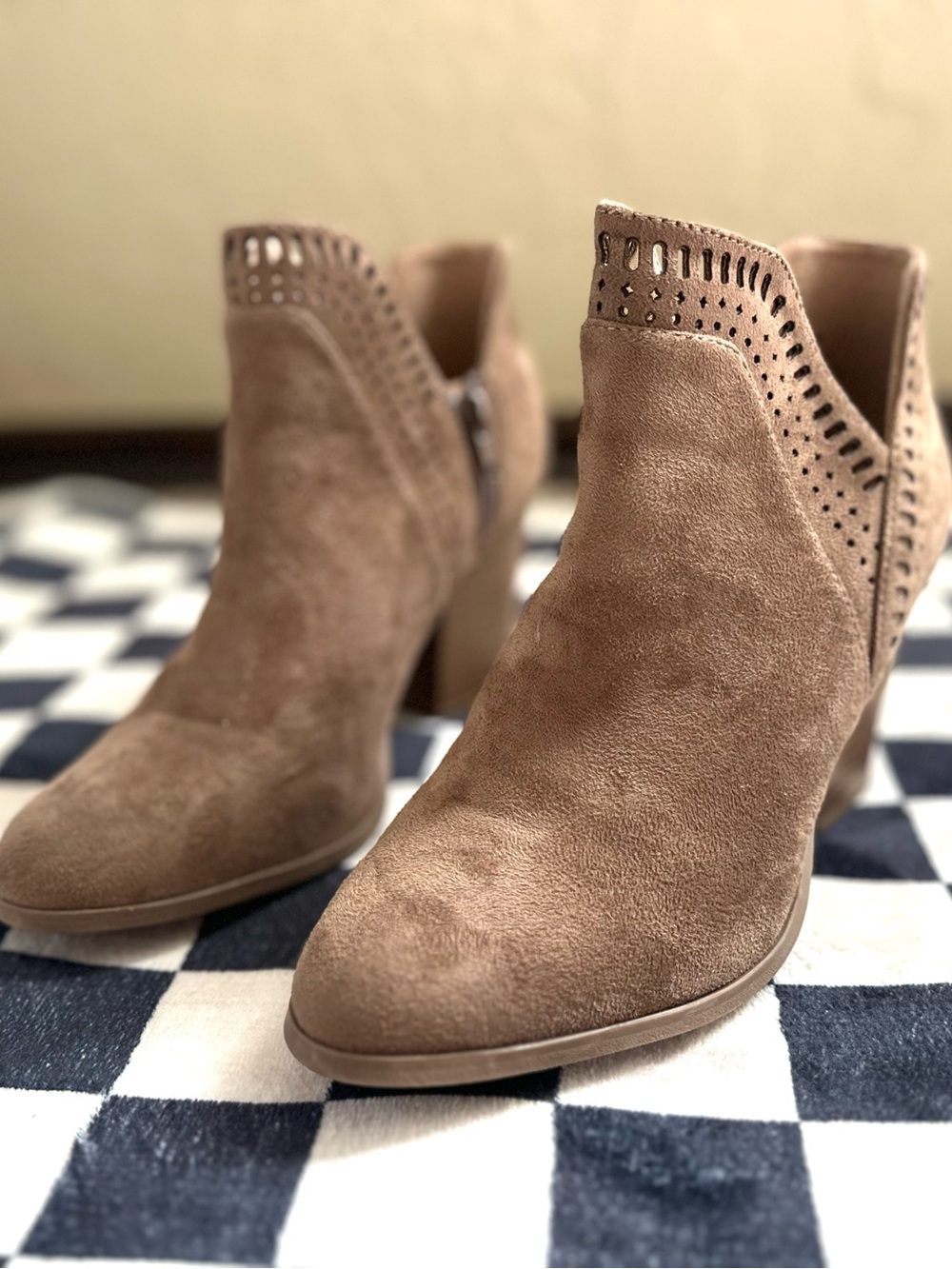 Women's Suede Ankle Wooden Heel Booties in Taupe 6.5